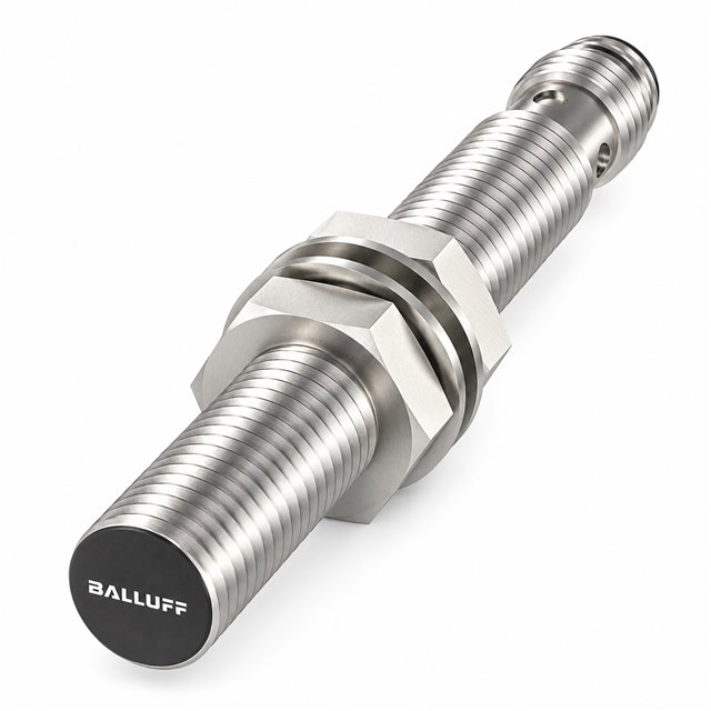 سنسور القایی Balluff مدل BES M08MI-PSC40B-S49G با بدنه رزوه‌ای استیل‌رنگ و صورت حسگر مشکی